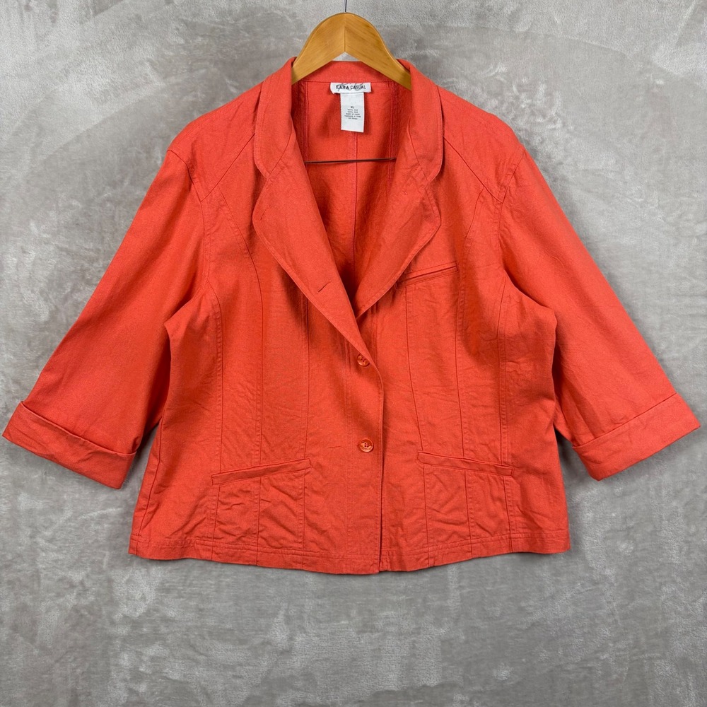 Kara Casual Blazer Jacket 100% Raw Silk Coral Women XL 3/4 Sleeve Vibrant Chic